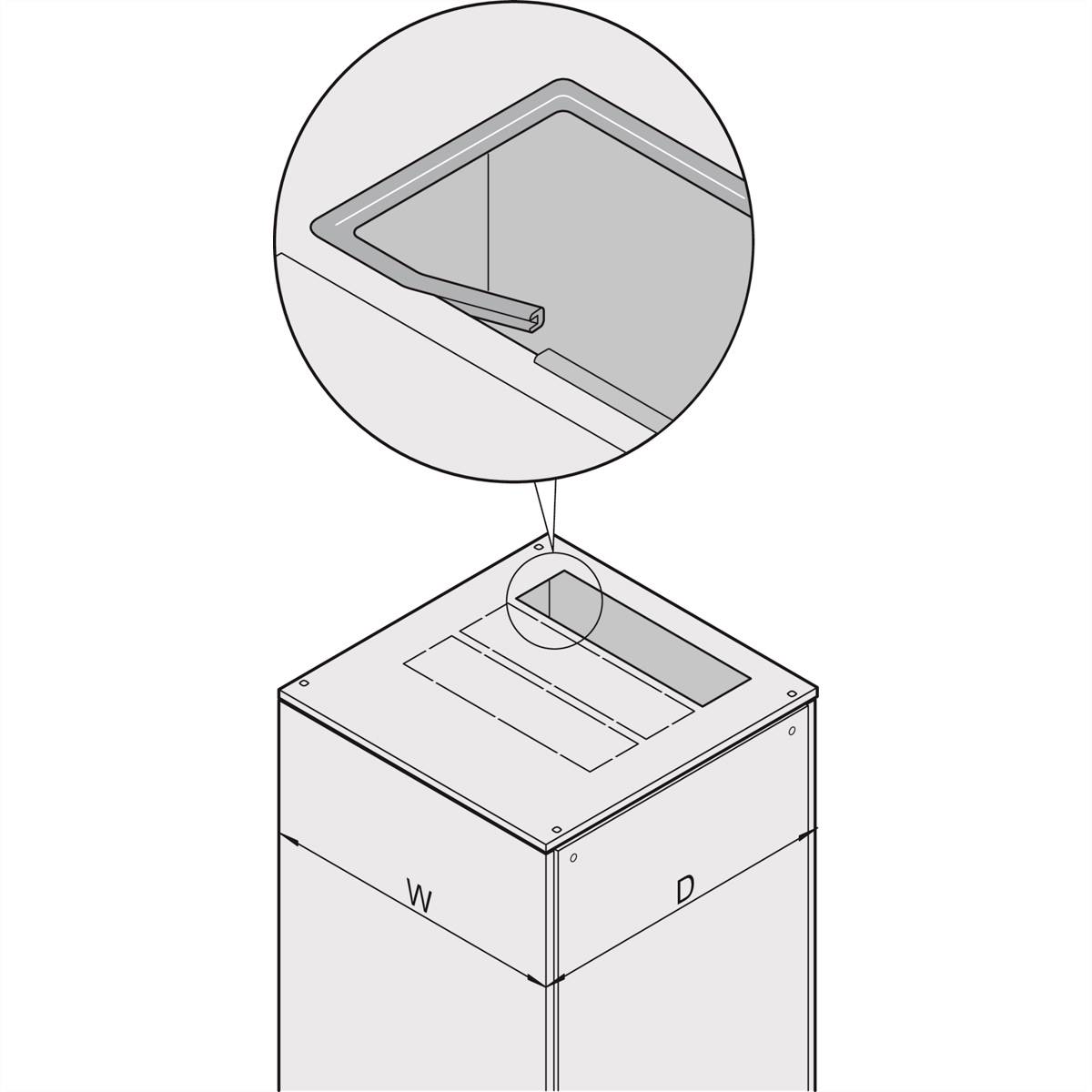 Ilustracja pojemnika z naciskiem na zawias w otwartej pokrywie, ukazująca mechanizm wewnętrzny.
