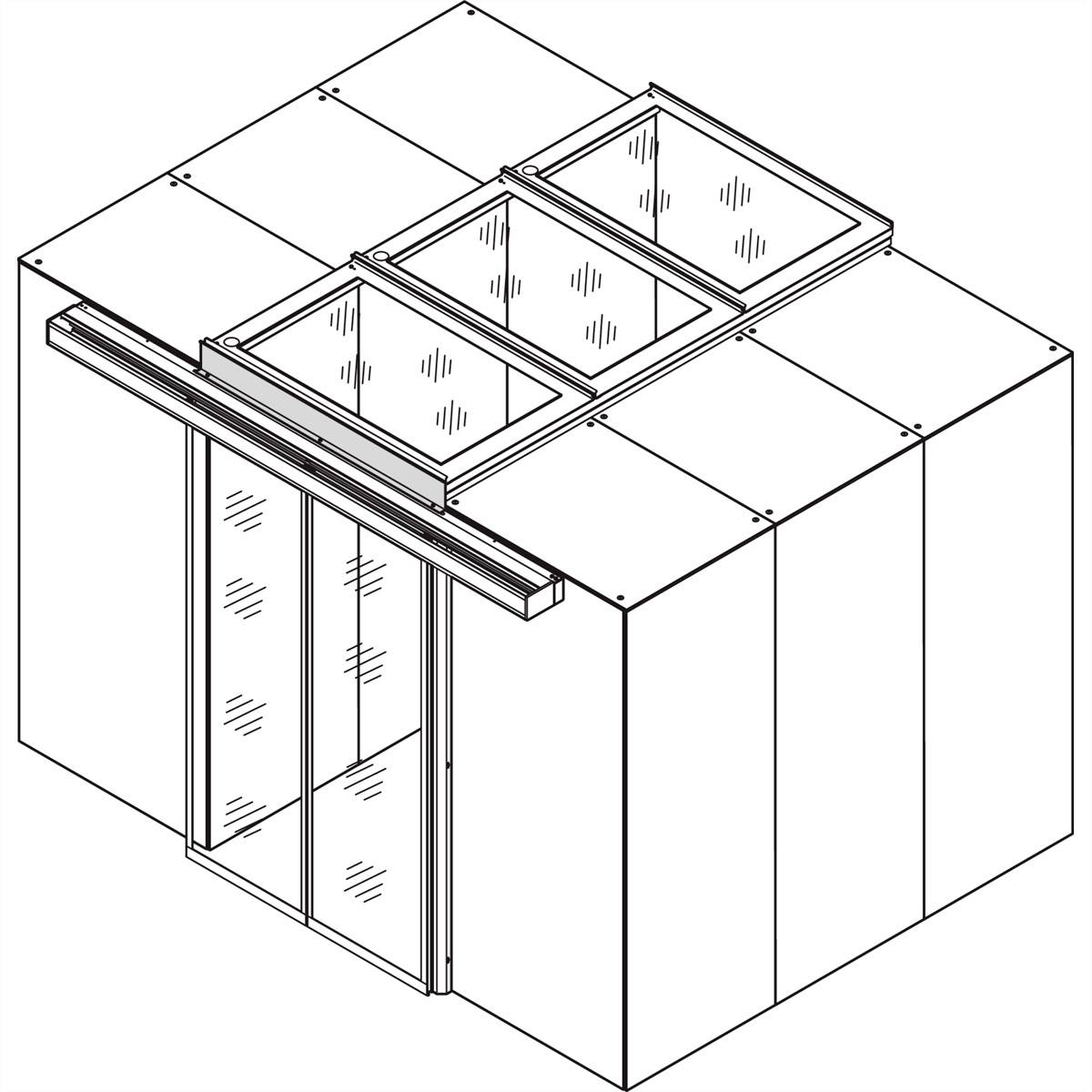 Izometryczny rysunek kwadratowego pomieszczenia z przesuwanymi drzwiami szklanymi oraz dwoma świetlikami wpuszczającymi światło do wnętrza.