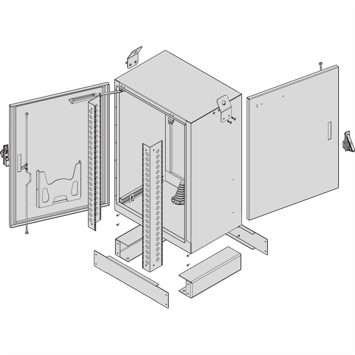 Diagram rozstrzelony obudowy elektrycznej z otwartymi drzwiami bocznymi, panelami przednimi i widocznymi komponentami wewnętrznymi.