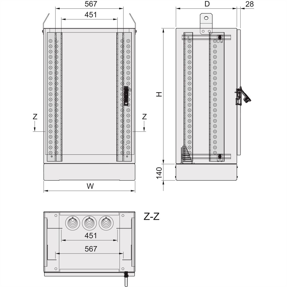 Rysunek techniczny prostokątnego urządzenia o wymiarach: szerokość 567 mm, głębokość D, wysokość H. Zawiera złącza i pokrętło sterujące.