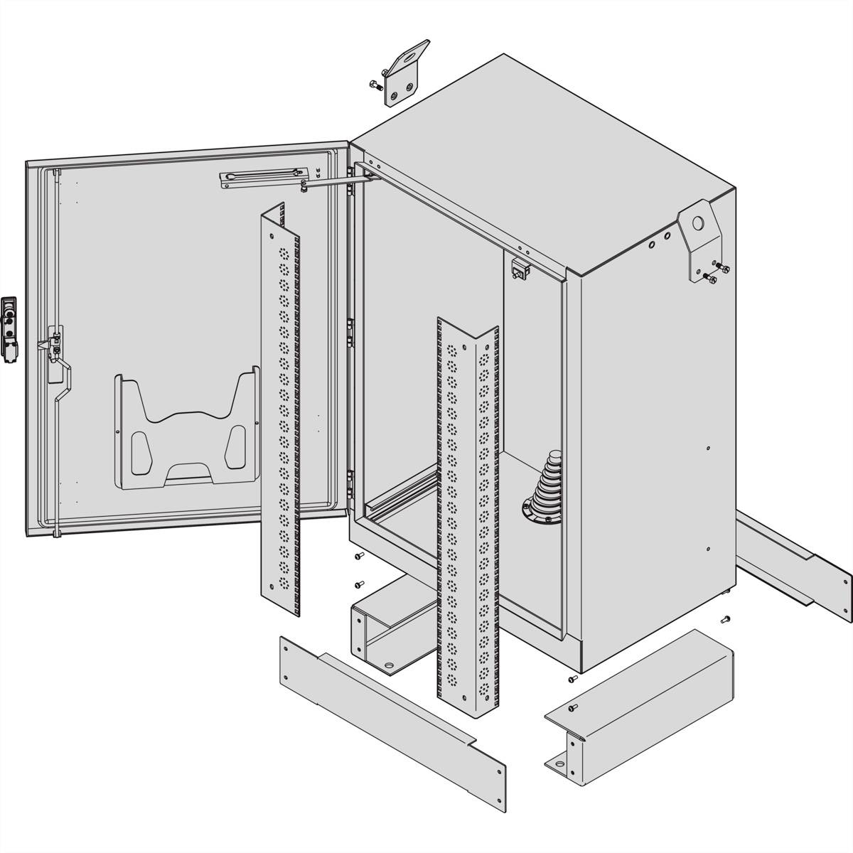 Rysunek rozstrzelony szafy sterowniczej z otwartymi drzwiami, ukazujący wewnętrzną strukturę oraz demontowalne elementy, takie jak uchwyty i pokrywy.
