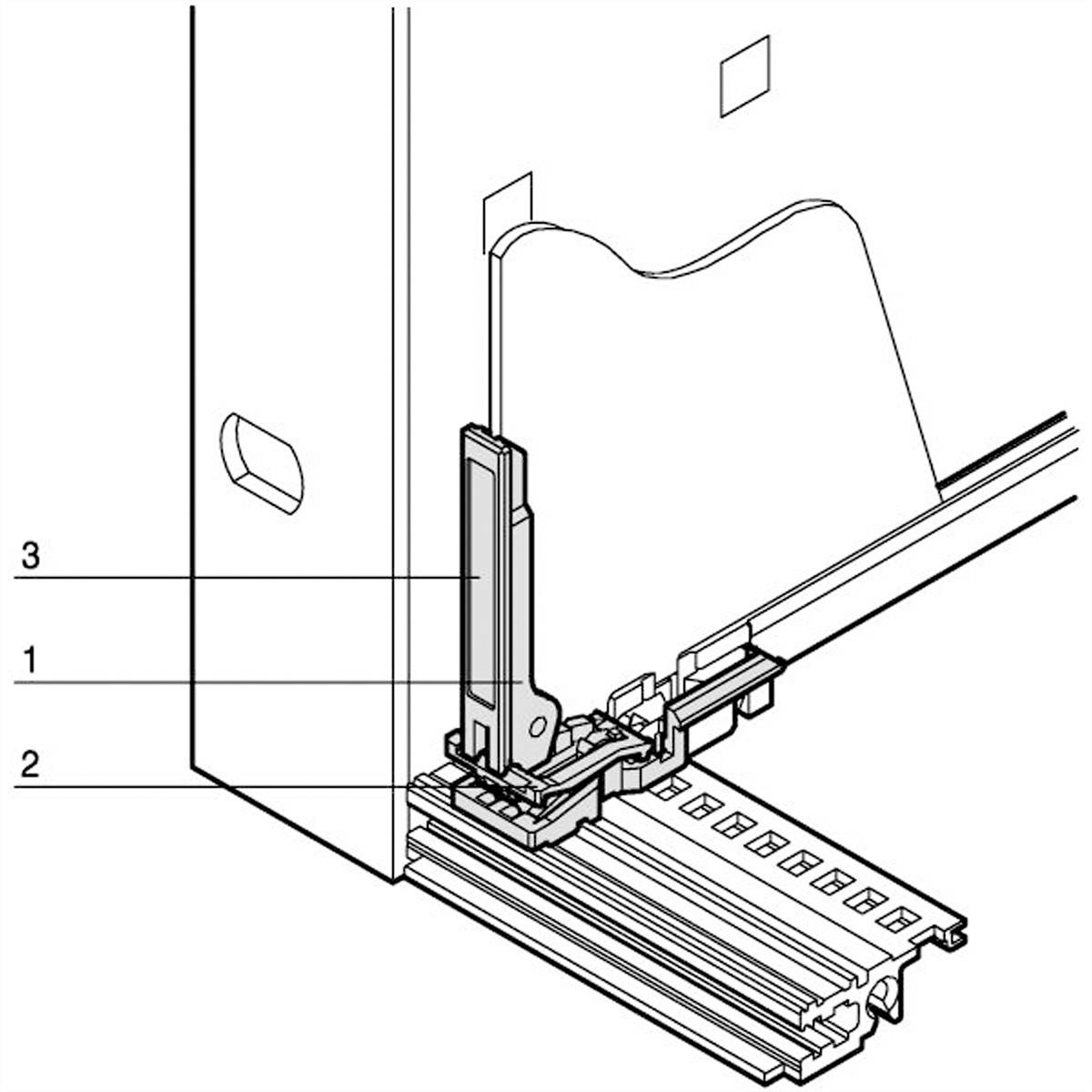 Rysunek izometryczny zamka trzypunktowego z oznaczonymi pozycjami 1, 2 i 3. Przedstawia połączenie między framugą drzwi a ruchomym mechanizmem zamykającym.