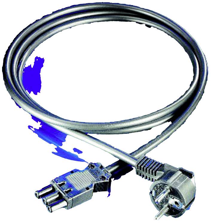 Srebrny kabel przyłączeniowy z wtyczką trzypinową i wtyczką Schuko na białym tle.