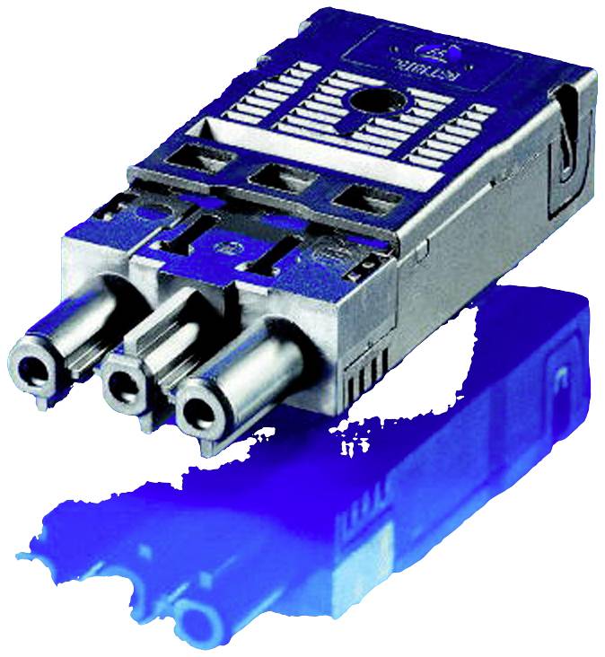Wtyk z trzema metalowymi stykami i niebieskim refleksem, odpowiedni do zastosowań przemysłowych i rozwiązań elektronicznych połączeń.