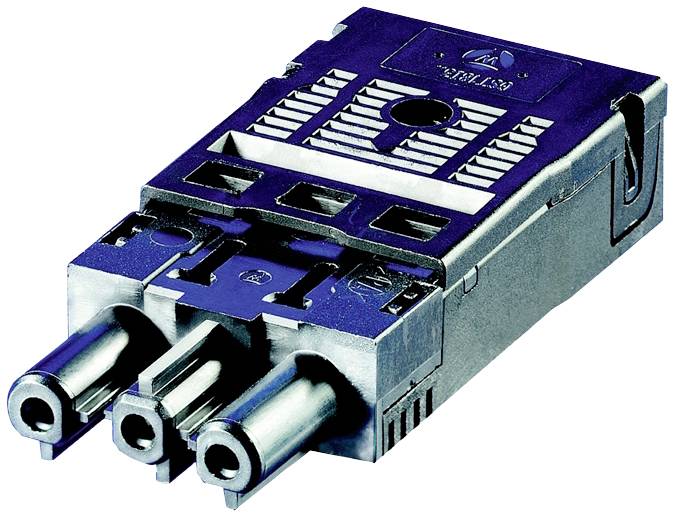 Srebrny elektryczny złącz z trzema okrągłymi metalowymi stykami.
