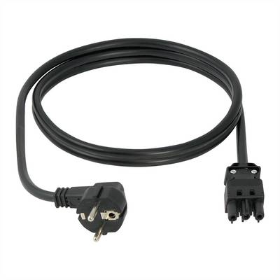Czarny kabel zasilający z wtyczką Schuko i trójbiegunową wtyczką urządzenia, rozłożony na białym tle.
