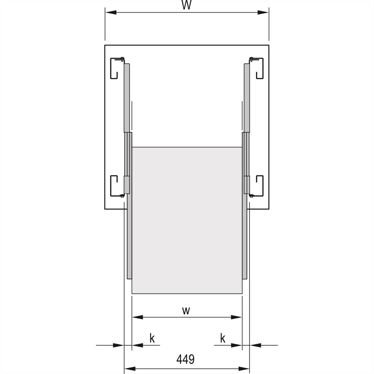 Rysunek techniczny prostokątnej struktury między dwoma pionowymi szynami. Całkowita szerokość wynosi 449 mm z określonymi odległościami 'w' i 'k'.