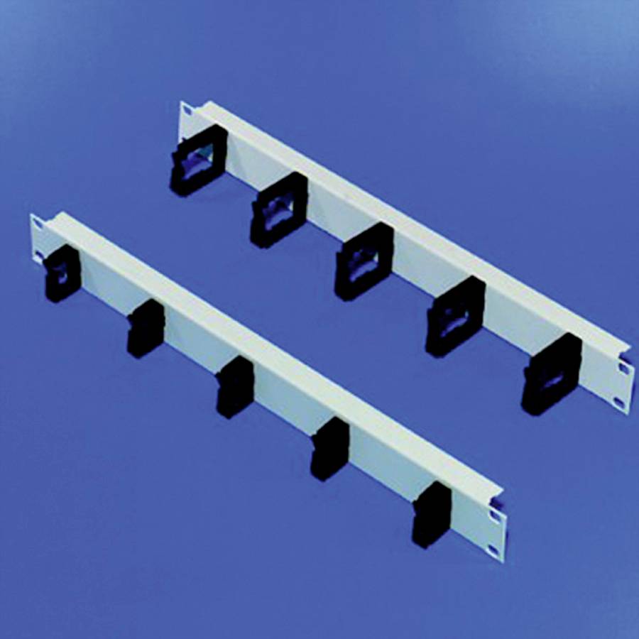 Dwie białe uchwyty z czarnymi elementami mocującymi, ułożone równolegle względem siebie, na niebieskim tle.