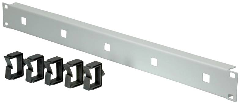 Metalowa szyna z prostokątnymi otworami z pięcioma czarnymi opaskami kablowymi ułożonymi obok siebie, przeznaczona do prowadzenia kabli w szafach serwerowych.