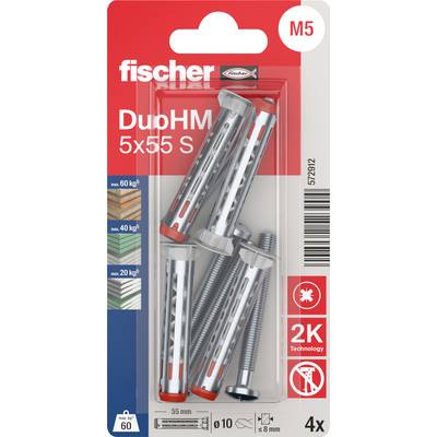 Opakowanie kotwów do ścian pustych Fischer DuoHM M5 x 55 S, pokazujące 4 metalowe kotwy w opakowaniu blistrowym do montażu w ścianach pustych.