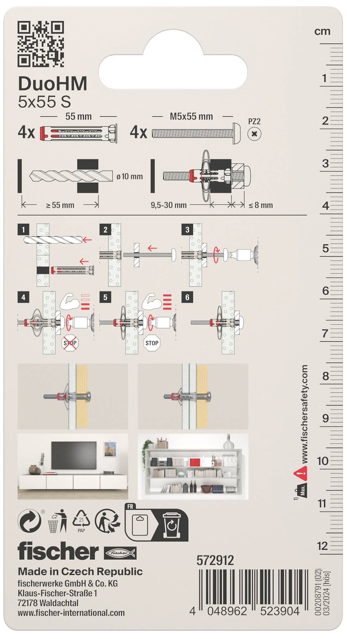 Instrukcja mocowania naściennego: Użyj wiertarki i kołków rozporowych. Diagram przedstawia kolejne kroki mocowania, w tym zawieszenie telewizora na ścianie.