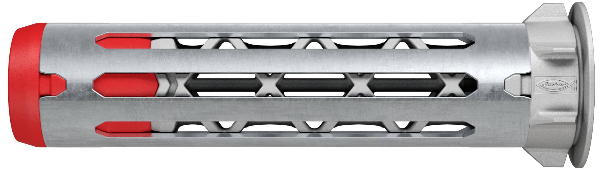 Srebrny cylinder metalowy z czerwonymi akcentami, prawdopodobnie element techniczny, sfotografowany z boku na białym tle.