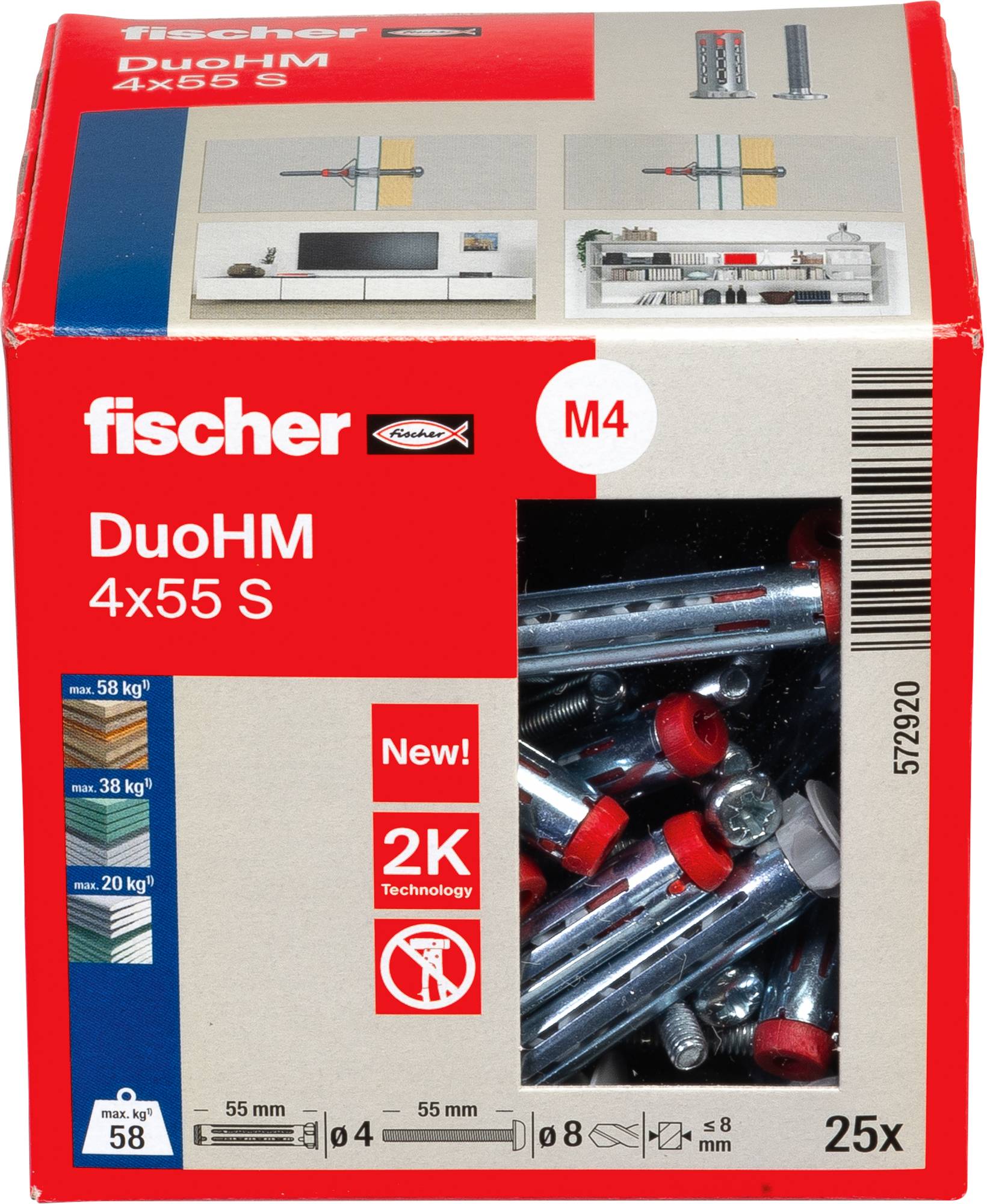 Metalowy kołek rozporowy i śruba, ukazane obok siebie. Kołek posiada czerwono oznaczone obszary, a śruba jest standardowo wykonana z metalu.