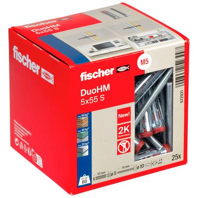 Opakowanie kotwi do ścian Fischer DuoHM 5x55 S M5, pokazujące okienko z 25 metalowymi kotwami oraz informacjami o produkcie na opakowaniu.