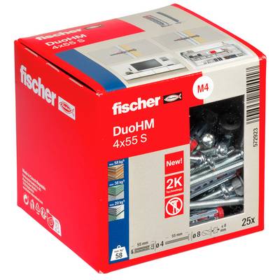 Opakowanie kotwi do ścian pustych Fischer DuoHM 4x55 S M4, 25 sztuk, pokazane w czerwonym opakowaniu z widocznymi śrubami w środku.