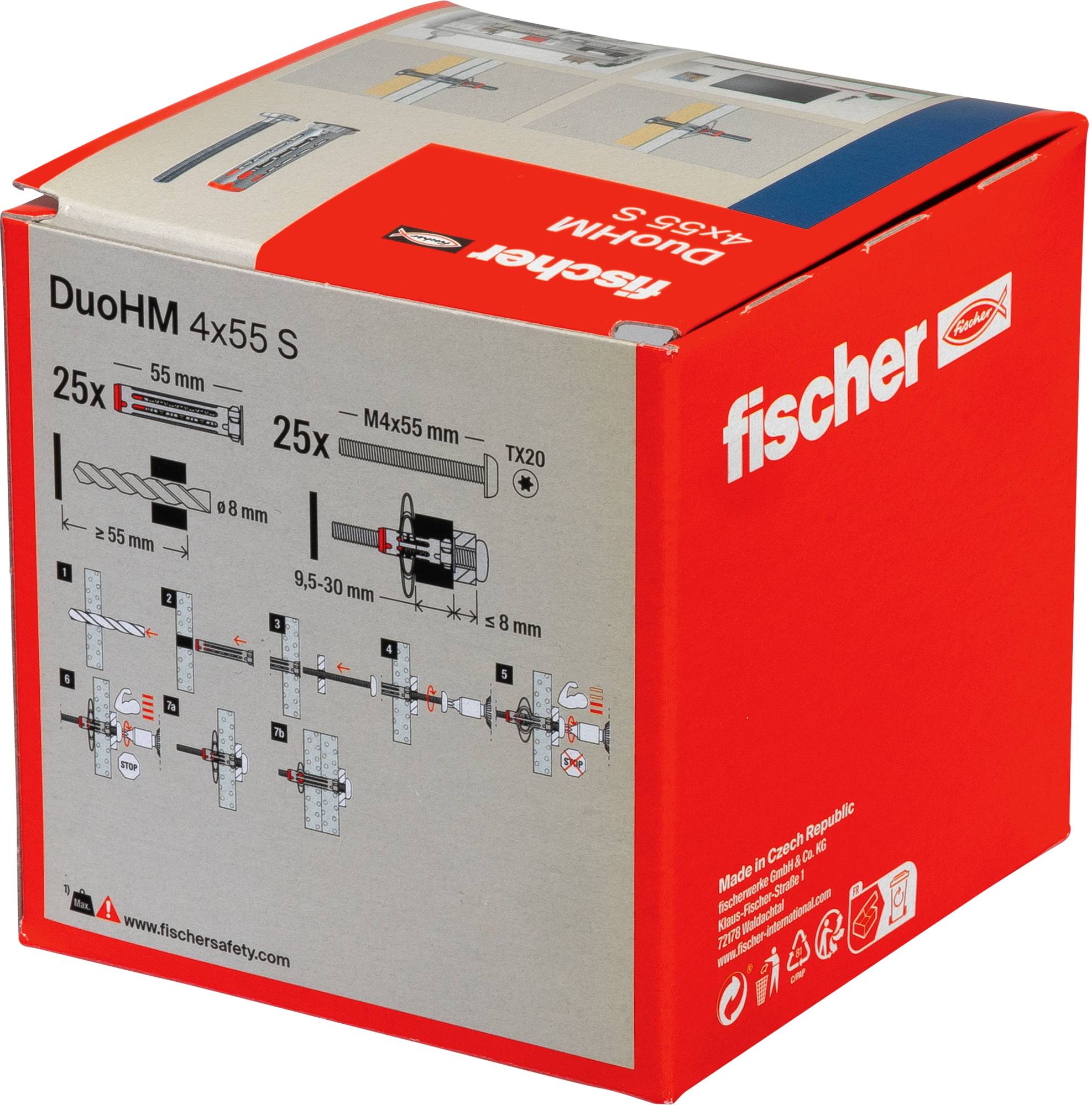 Metalowy kotwiczny, częściowo czerwony, w kształcie cylindra z otworami bocznymi, służy do pewnego zakotwienia w materiałach budowlanych.