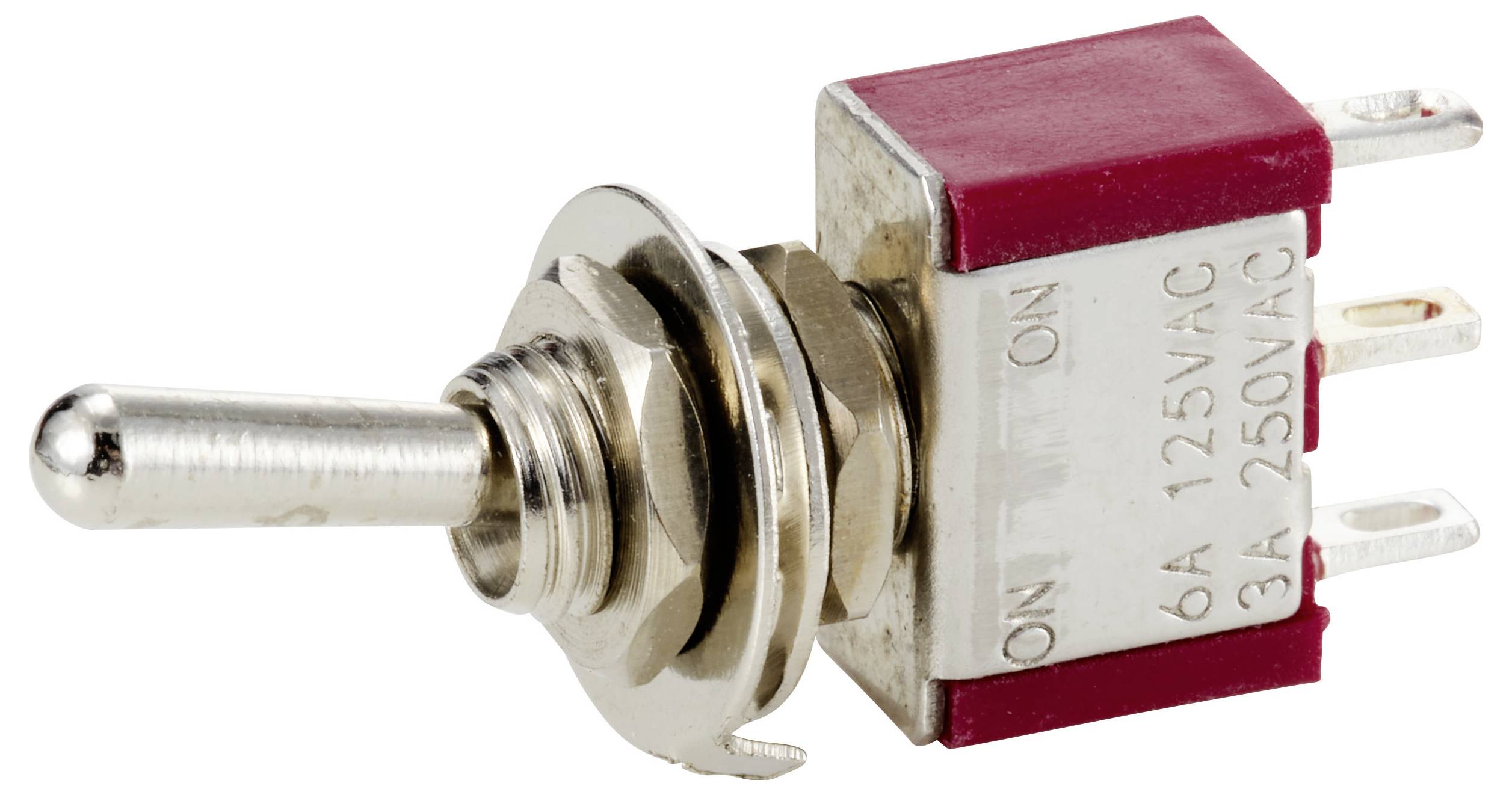 Przełącznik dźwigniowy z metalowym przełącznikiem, czerwoną obudową i napisami: 'ON' i 'OFF'. Odpowiedni dla 125VAC i 250VAC przy 6A i 3A.