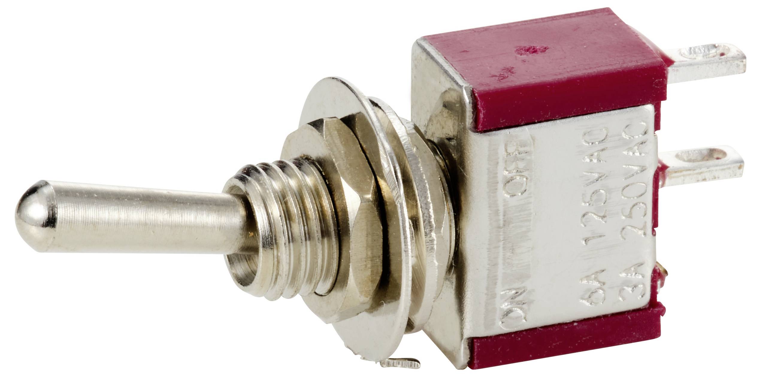 Przełącznik kołyskowy metalowy z czerwoną obudową z tworzywa sztucznego, opisany z boku specyfikacją elektryczną.