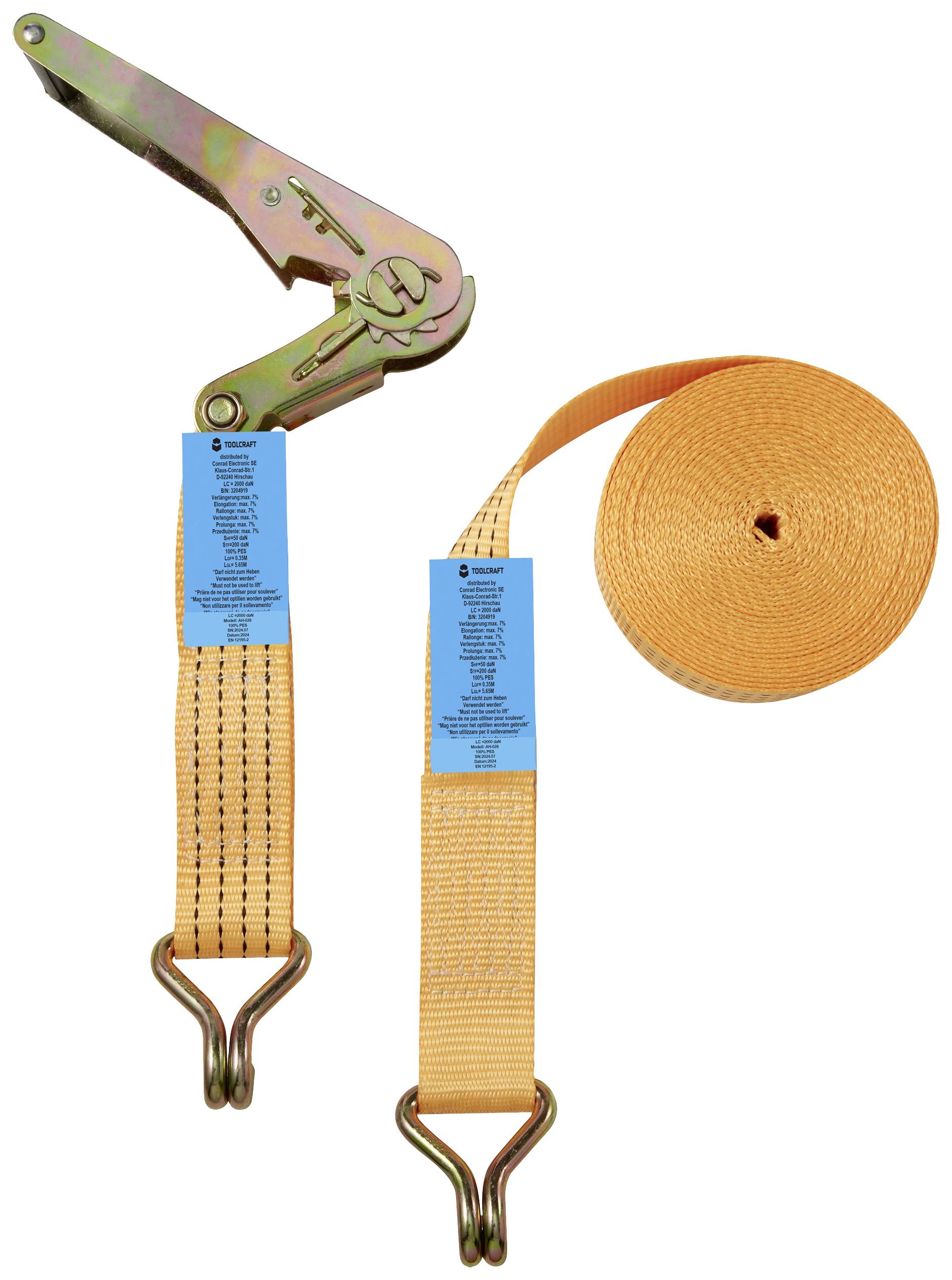 TOOLCRAFT TO-9614757 Двосекційний натяжний ремінь Тягове зусилля кріплення LC (окреме / пряме) = 2000 даН (Д x Ш) Тріскачка 6000 м