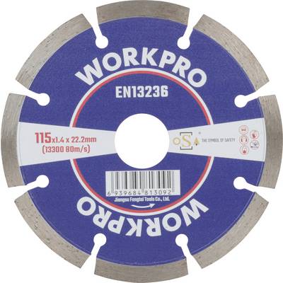 Srebrno-niebieska tarcza do cięcia z nadrukiem 'WORKPRO EN13236'. Rozmiar: 115 x 1,4 x 22,2 mm, 13 300 obr./min.