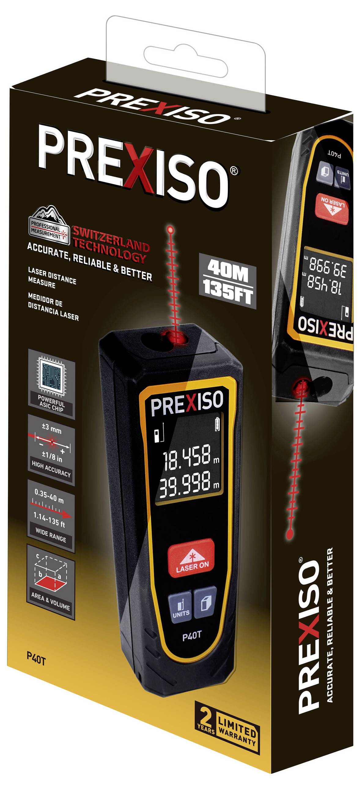 Opakowanie miernika laserowego PREXISO, prezentujące urządzenie z cyfrowym wyświetlaczem, o zasięgu do 40 metrów.