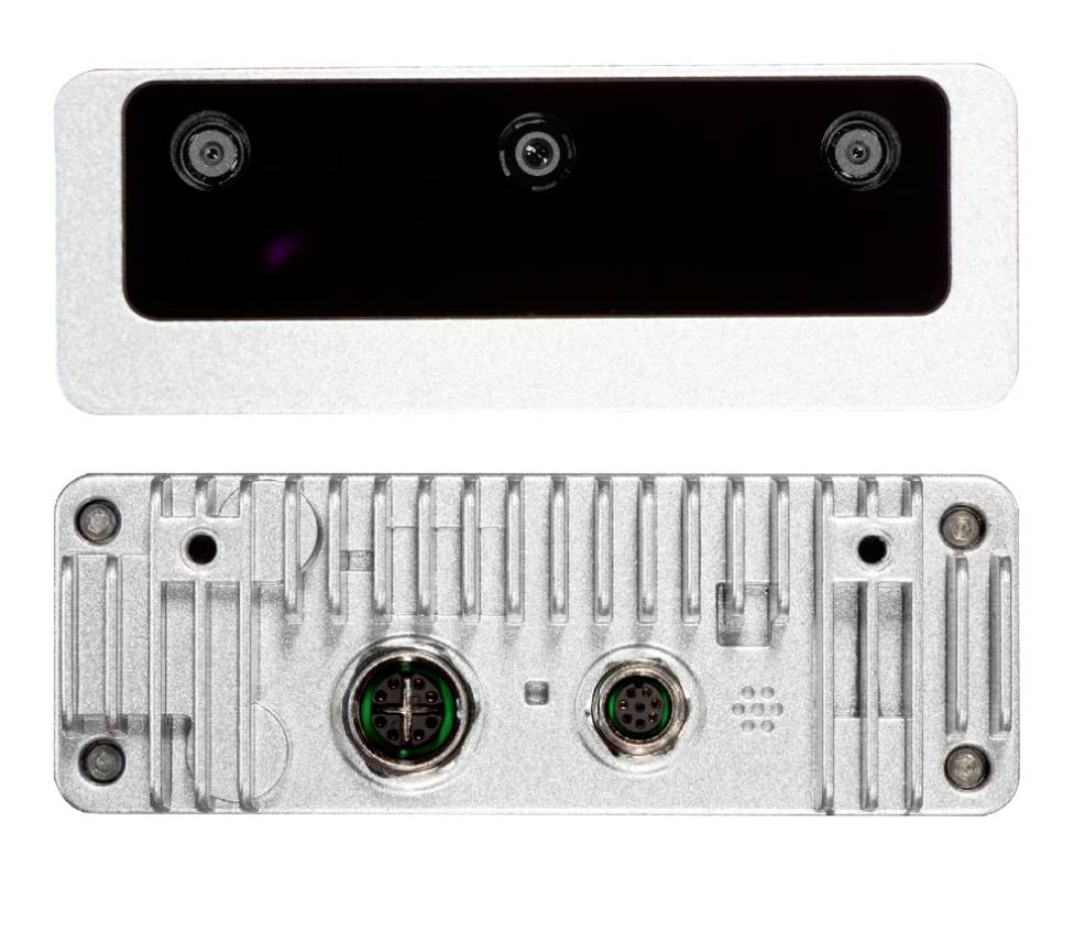 Srebrny, elektroniczny element z trzema czarnymi czujnikami na górze i dwiema gniazdami przyłączeniowymi na dole, prawdopodobnie przeznaczony do zastosowań w dziedzinie wizji maszynowej.