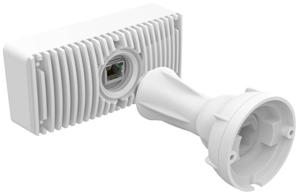 Moduł przepustowy kablowy z obudową prostokątną i okrągłym otworem przyłączeniowym, odpowiedni do instalacji kabli sieciowych.