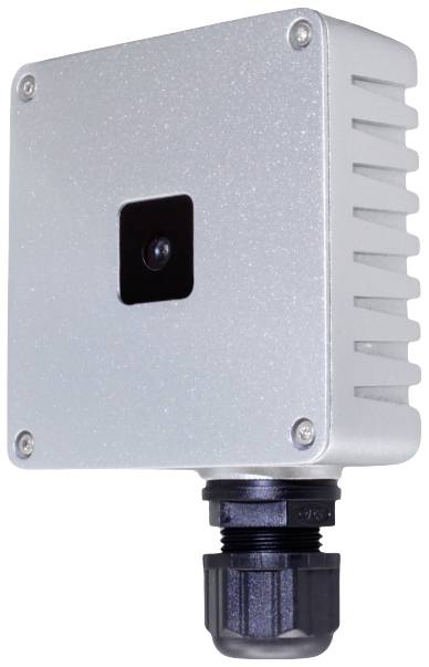 Srebrne, kwadratowe urządzenie elektroniczne z centralną soczewką na przedniej części i czarnym, okrągłym złączem u dołu.