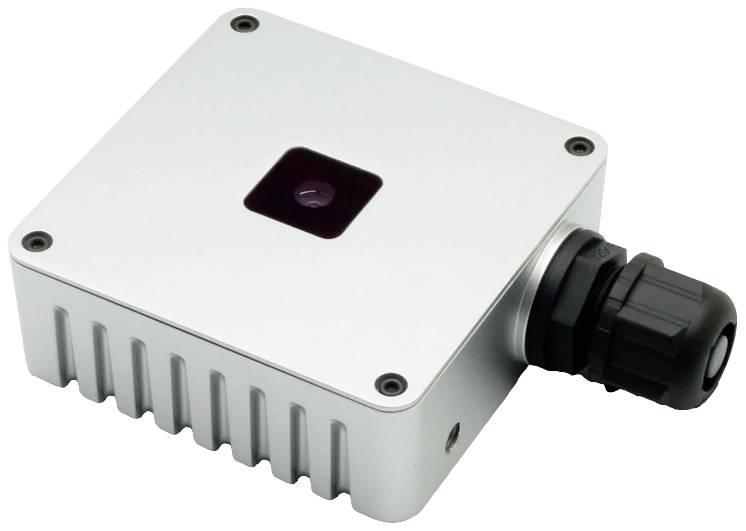 Prostokątne, srebrne urządzenie techniczne z ciemną soczewką i czarnym złączem z boku.