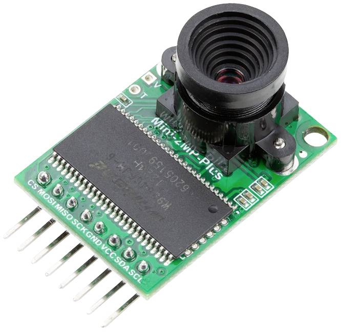 Mały zielony moduł kamery z czujnikiem, wieloma stykami przyłączeniowymi i zamontowaną soczewką, odpowiedni do projektów elektronicznych.