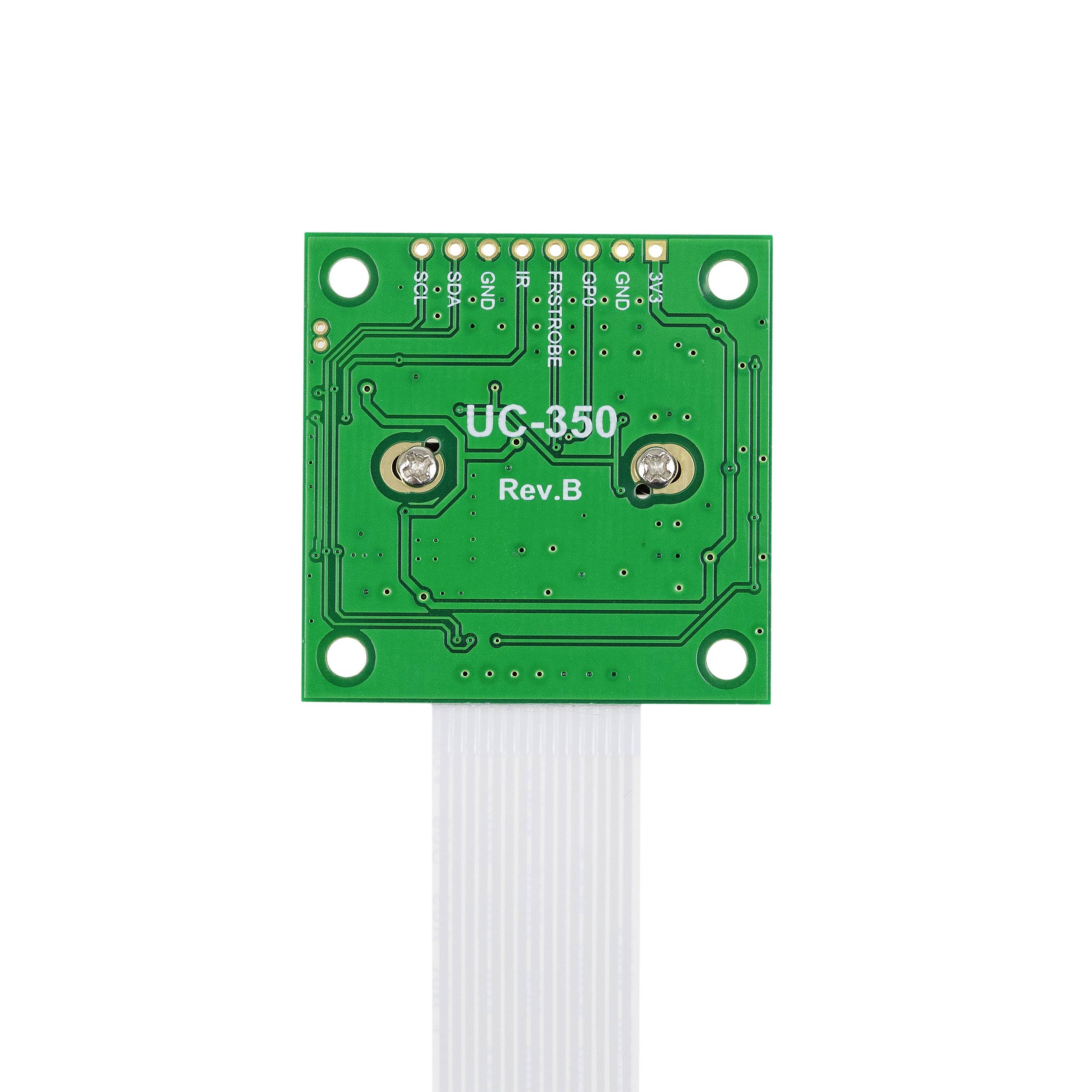 Ilustracja zielonej płytki drukowanej z napisem 'UC-350 Rev.B'. Płytka pokazuje liczne punkty styku i połączenia elektryczne.
