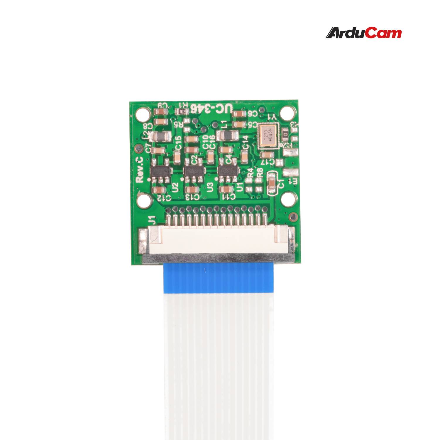 Moduł kamery 'ArduCam' na białym tle, prezentujący zieloną płytkę drukowaną z elementami elektronicznymi i przewodem taśmowym.