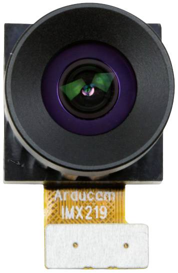 Rysunek przedstawia moduł kamery ArduCam IMX219 z czarnym obiektywem i przewodem taśmowym do podłączenia do innych urządzeń.