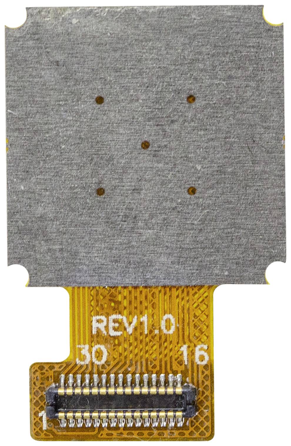 Mały element elektroniczny z płaską, prostokątną metalową częścią na górze i złotym paskiem przyłączeniowym na dole, opisany napisem 'REV1.0'.