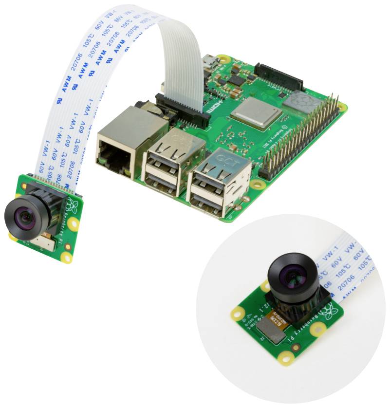 Płytka Raspberry Pi z podłączoną kamerą przez elastyczny kabel. Kamera jest powiększona na pierwszym planie.