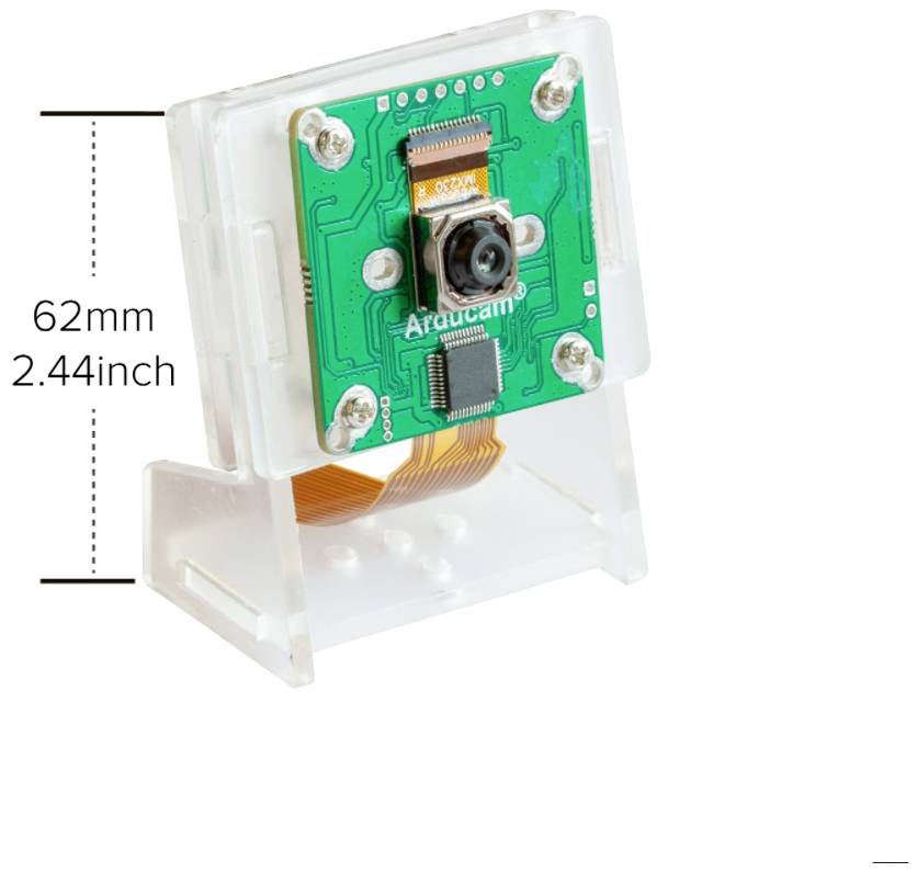 Moduł kamery na przezroczystym stojaku o wysokości 62 mm (2,44 cala), z widocznymi obwodami elektronicznymi i chipem Arduchip.