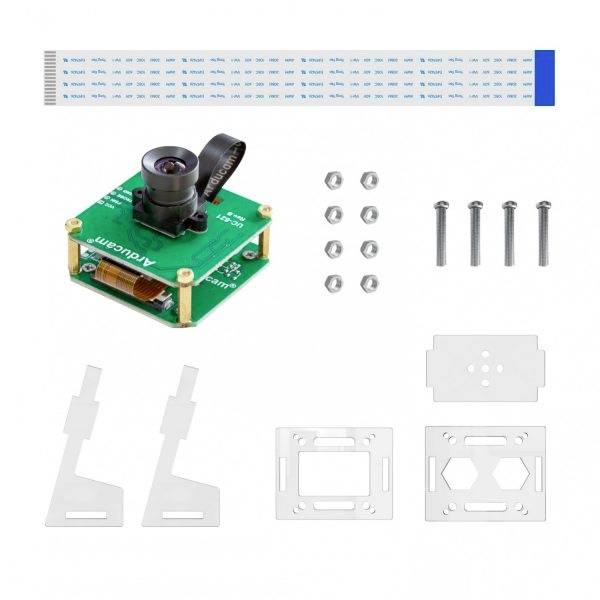 Zielony moduł kamery z obiektywem, otoczony śrubami, nakrętkami i metalowymi mocowaniami, wraz z wielożyłowym przewodem taśmowym w paski.