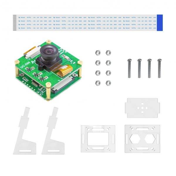 Zestaw elektroniczny: Kwadratowa kamera z obiektywem, przewodem przyłączeniowym, śrubami i płytkami montażowymi do projektów majsterkowiczów.