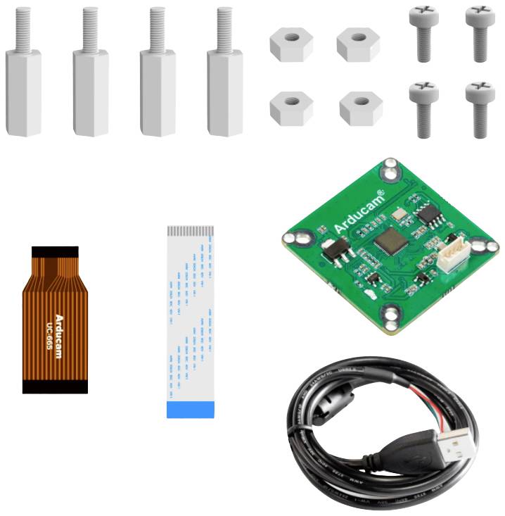 Zestaw elektroniczny składający się z zielonej płytki drukowanej, śrub, nakrętek, dystansów, kabla USB oraz dwóch przewodów taśmowych.