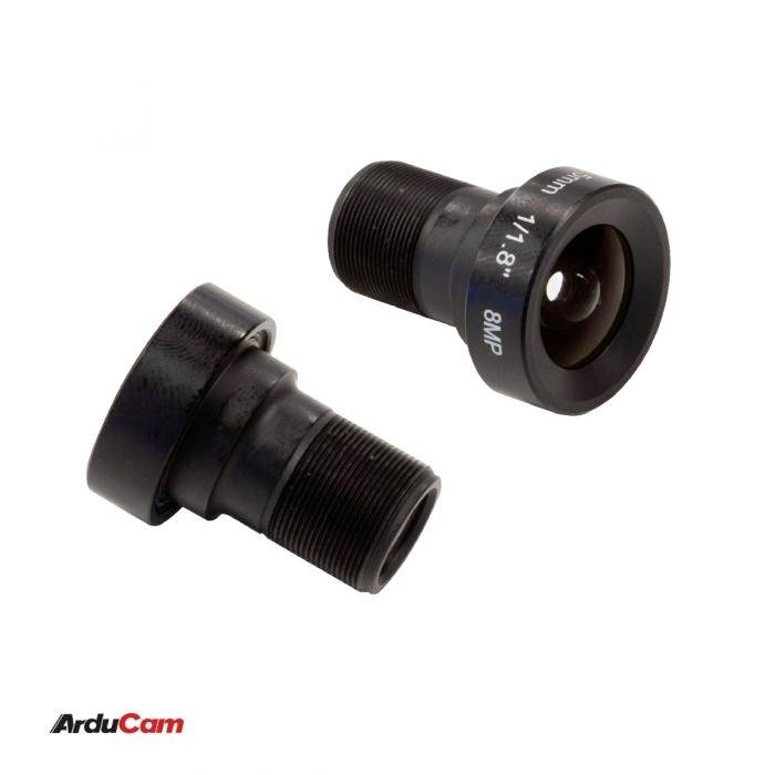 Dwie czarne obiektywy kamerowe firmy ArduCam, oznaczone '1/1.8" 8MP', na białym tle.
