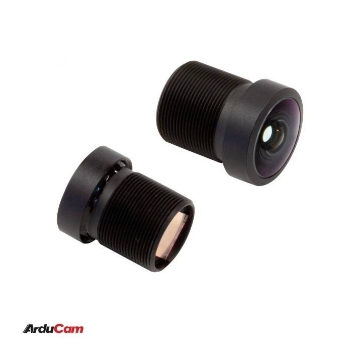 Dwa czarne obiektywy kamerowe firmy ArduCam, jeden z przezroczystą soczewką, a drugi z fioletowym refleksem.