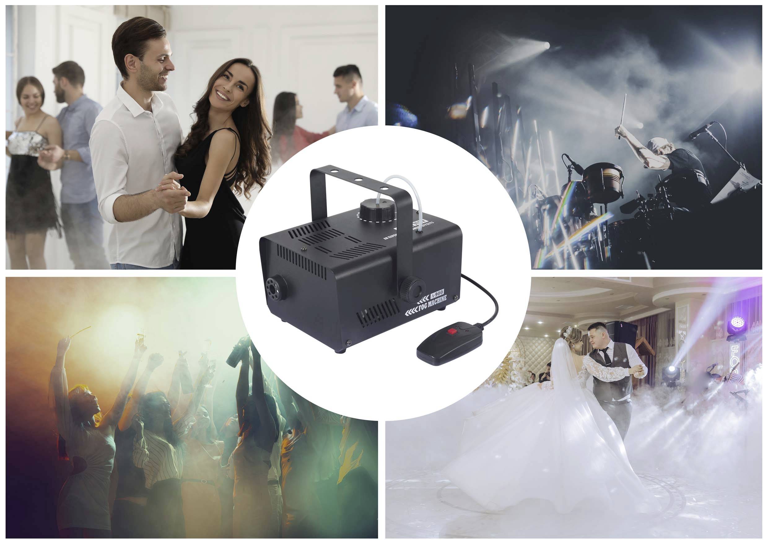 Cztery zdjęcia z imprez tanecznych i wesel, na których widać użycie wytwornicy mgły. Tańczące pary w kolorowym świetle.