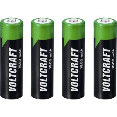 Cztery zielono-czarne baterie AA marki 'VOLTCRAFT' o pojemności 1800 mAh ułożone obok siebie.