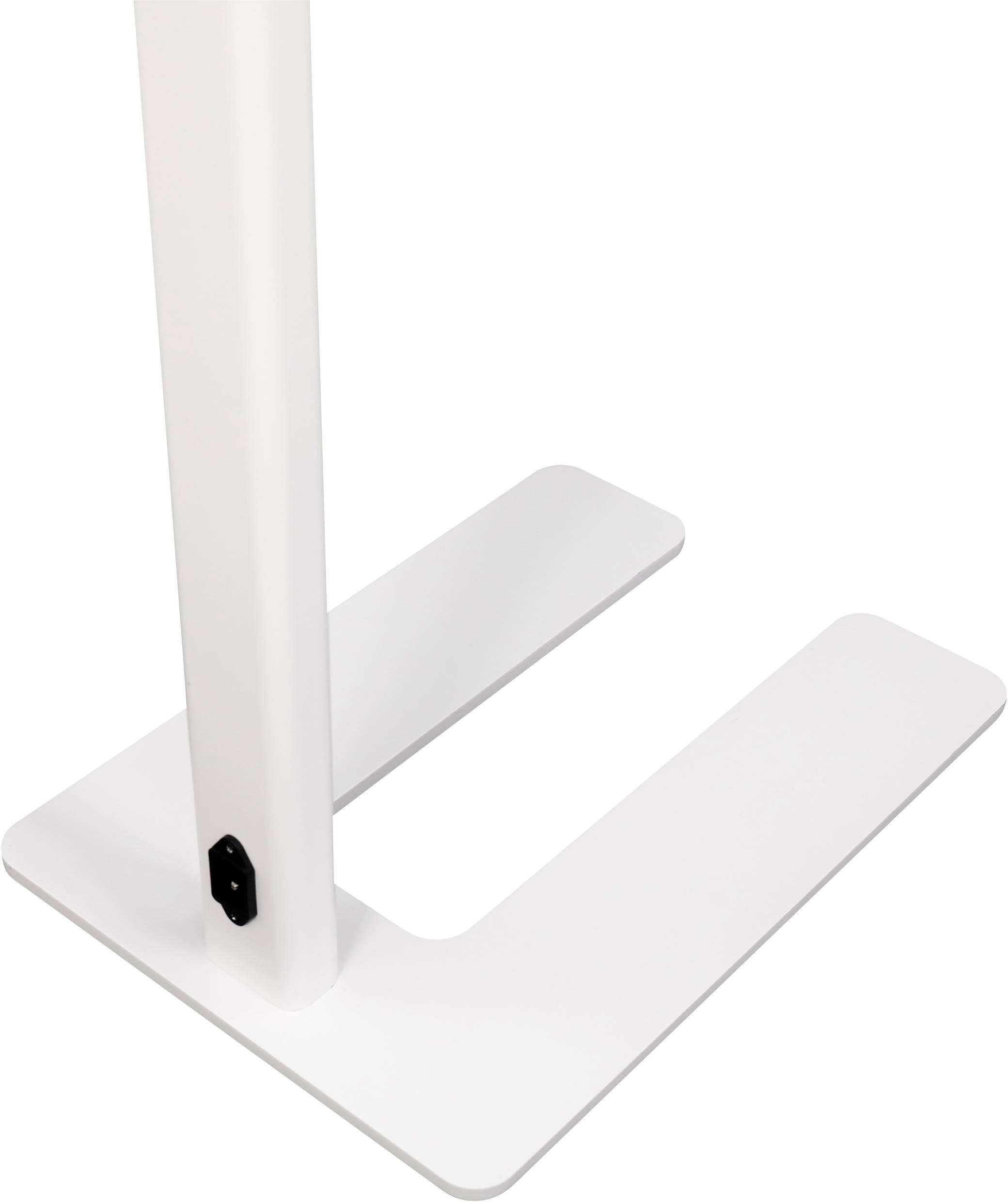 Biała, kształtowa podstawa stołu w kształcie litery U z gniazdem kablowym z boku.