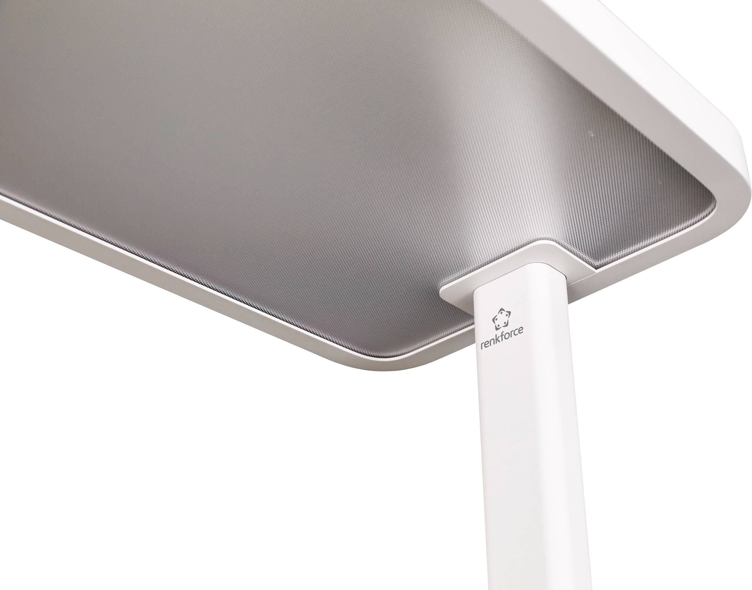 Biała płyta stołu i metalowa noga regulowanego na wysokość biurka, z widocznym logo marki na nodze.