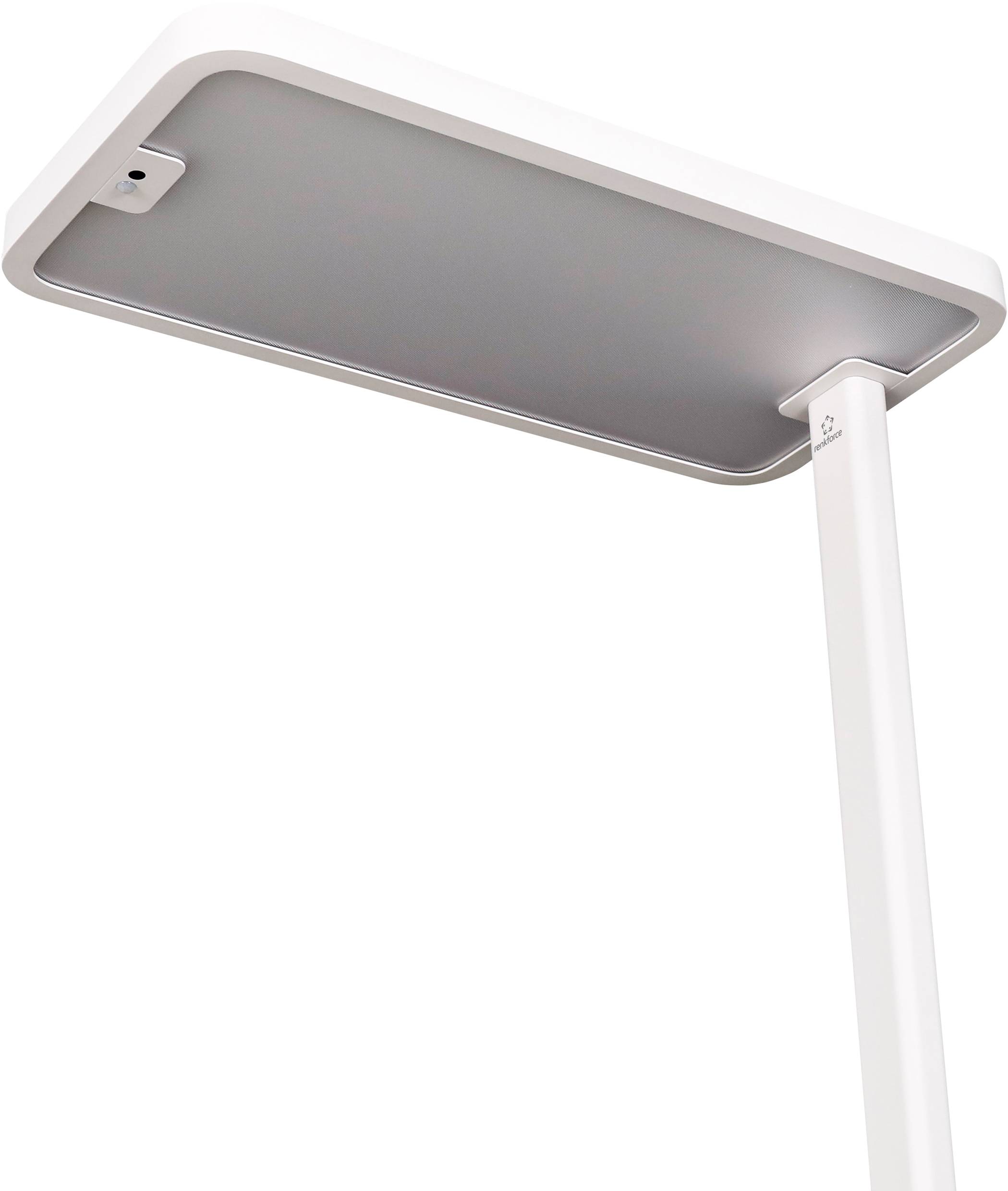 Stojąca lampa w stylu nowoczesnym z prostokątną głowicą i białą podstawą; prezentuje minimalistyczny design, idealna do wnętrz.