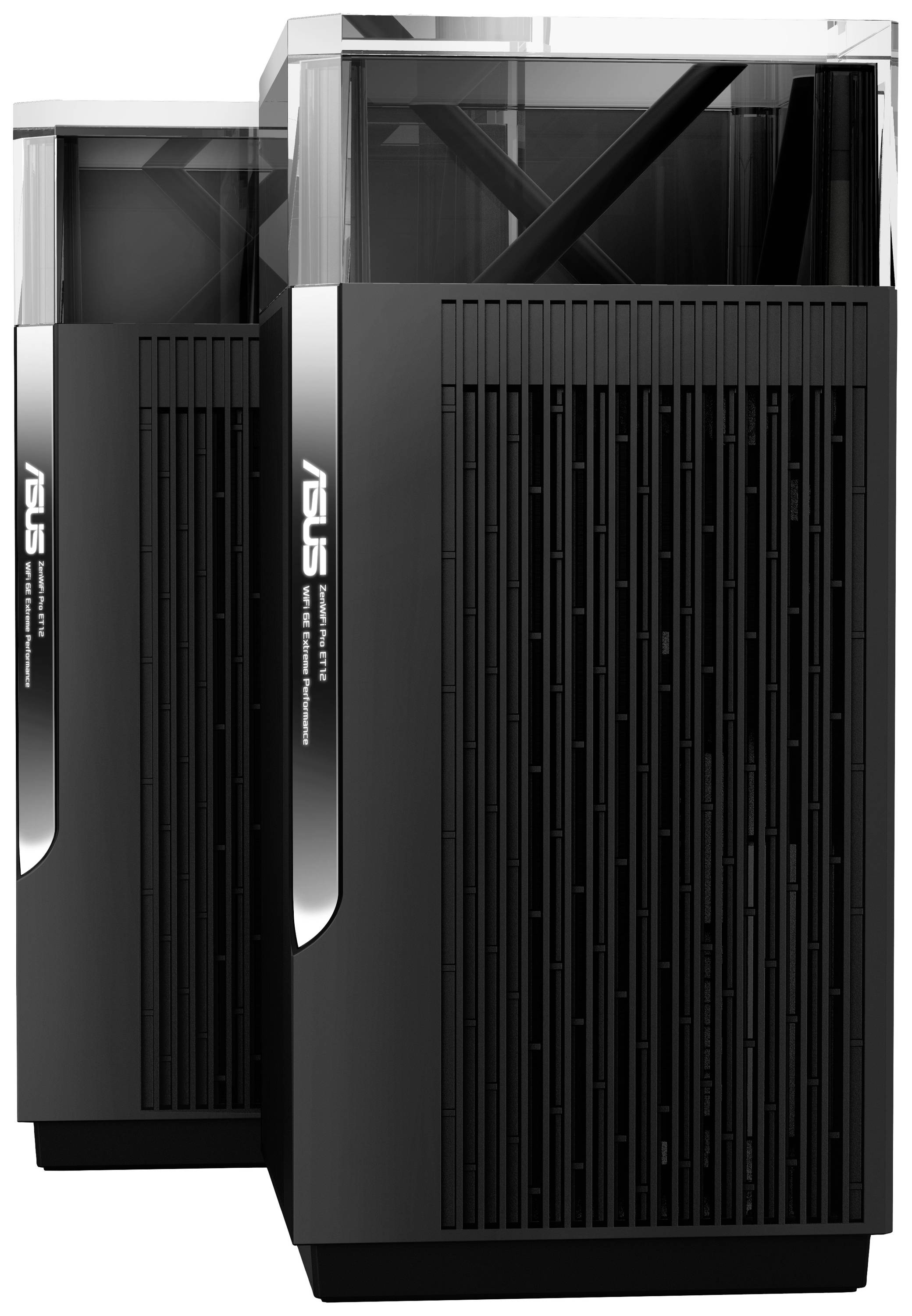 Dwa czarne obudowy komputerowe z pionowymi otworami wentylacyjnymi i przezroczystą górną częścią, każda z logo 'ASUS'.