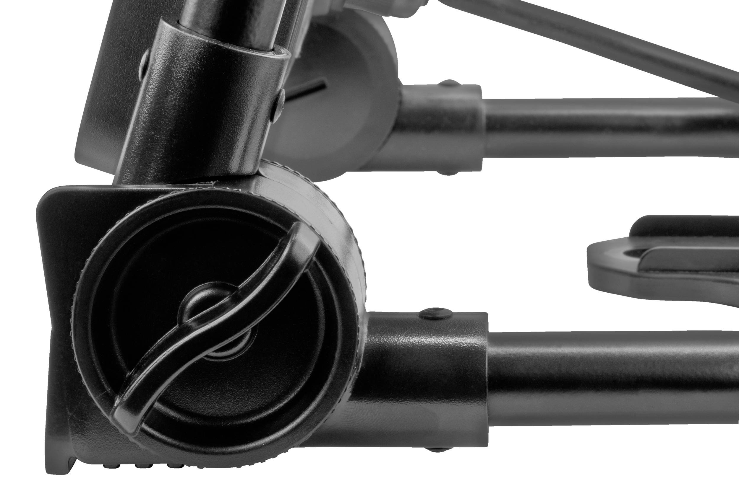 Zbliżenie dwóch czarnych metalowych przegubów z mechanizmami obrotowymi, prawdopodobnie będących częścią regulowanego statywu lub systemu mocowania.