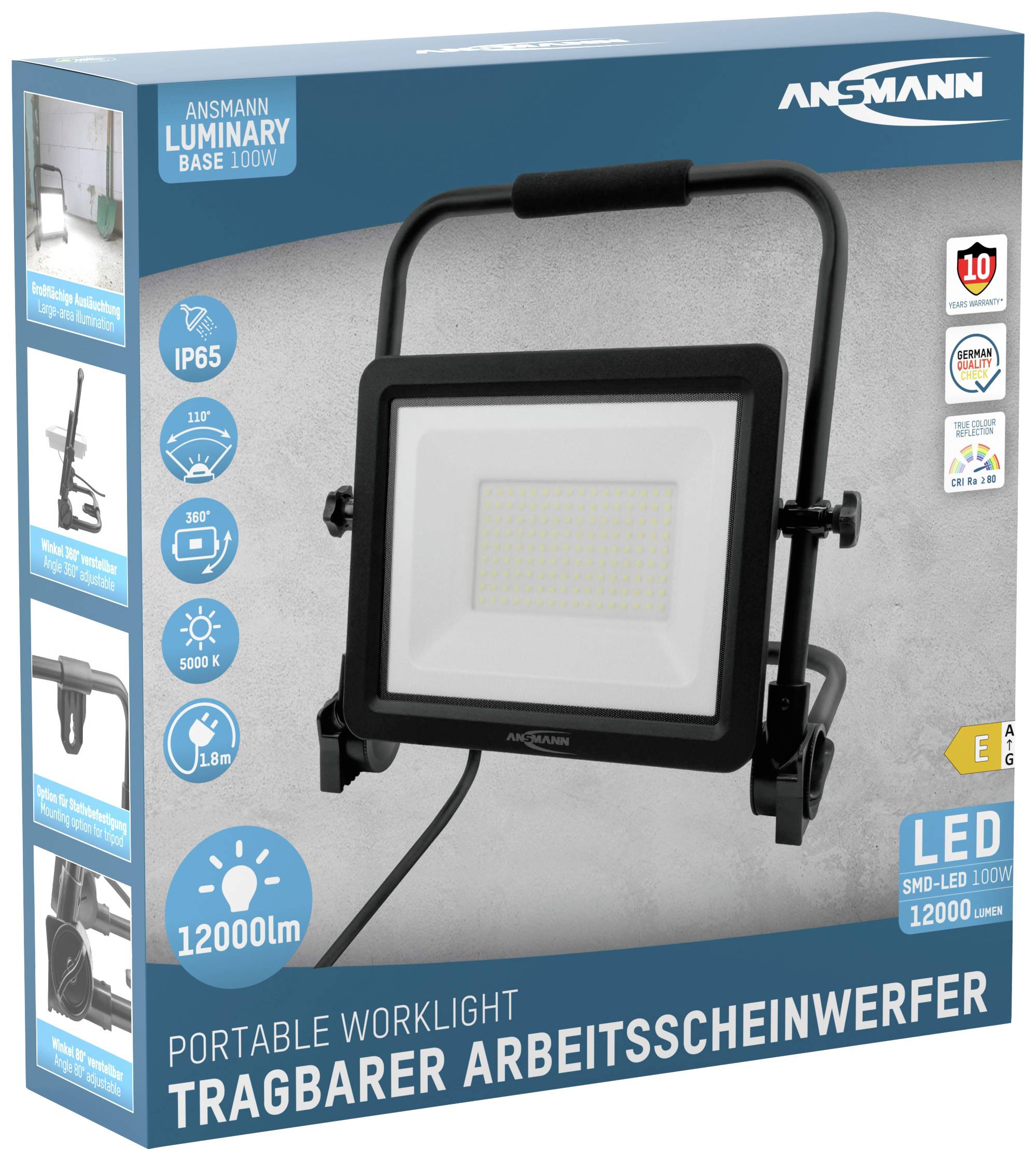 Opakowanie przenośnego reflektora roboczego LED z uchwytem, 12000 lumenów, certyfikat IP65, marki Ansmann.