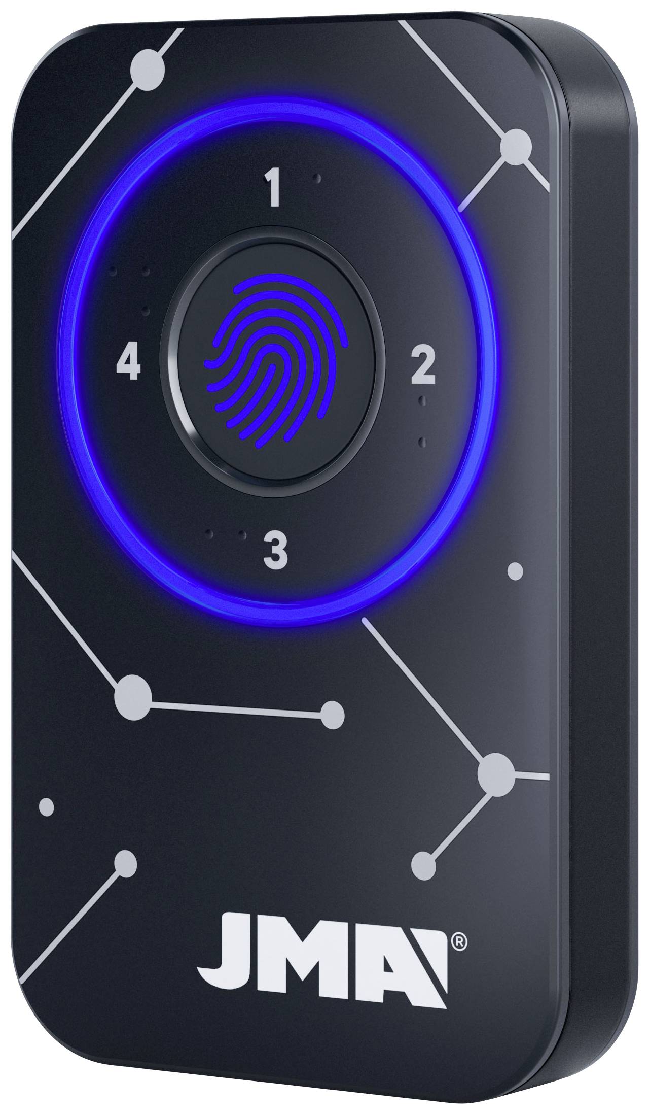 Skaner linii papilarnych z cyfrowym wyświetlaczem, otoczony niebieskimi pierścieniami świetlnymi. Oznaczony numerami 1-4 i nazwą marki 'JMA'.